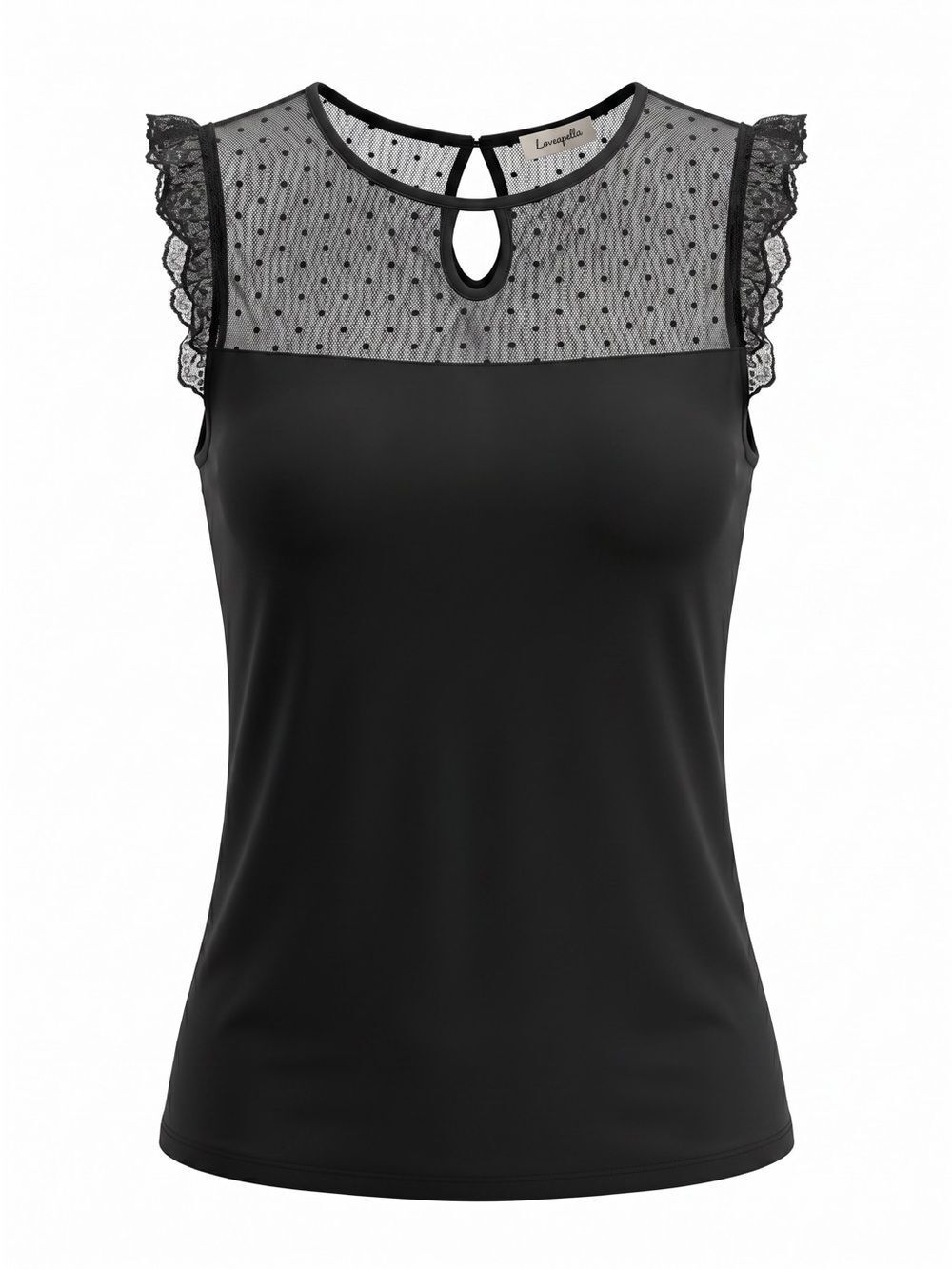 Lovapella Mesh Dot Front Top Sleeveless Ruffles Black 1X Plus NWT